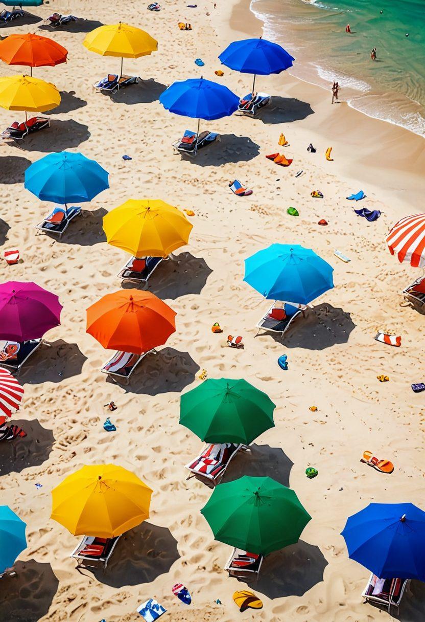 A whimsical beach scene with colorful beach umbrellas and sunbathers wearing an array of fun and quirky thongs. Incorporate playful elements like a beach ball flying through the air and seagulls stealing snacks. Include a bright sun shining down, enhancing the playful vibe. Add cartoon-style speech bubbles with funny anecdotes. vibrant colors. cartoon style. summertime.
