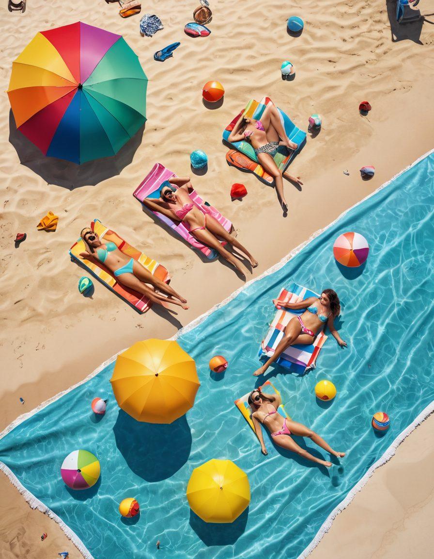 A sunny beach scene featuring a diverse group of friends in colorful bikinis sharing laughter and jokes while lounging on beach towels. The background should have vibrant umbrellas, beach balls, and people playing. Incorporate elements like a lighthearted comic bubble with a funny joke. Light waves in the ocean and seagulls above to add a lively atmosphere. super-realistic. vibrant colors. 3D.