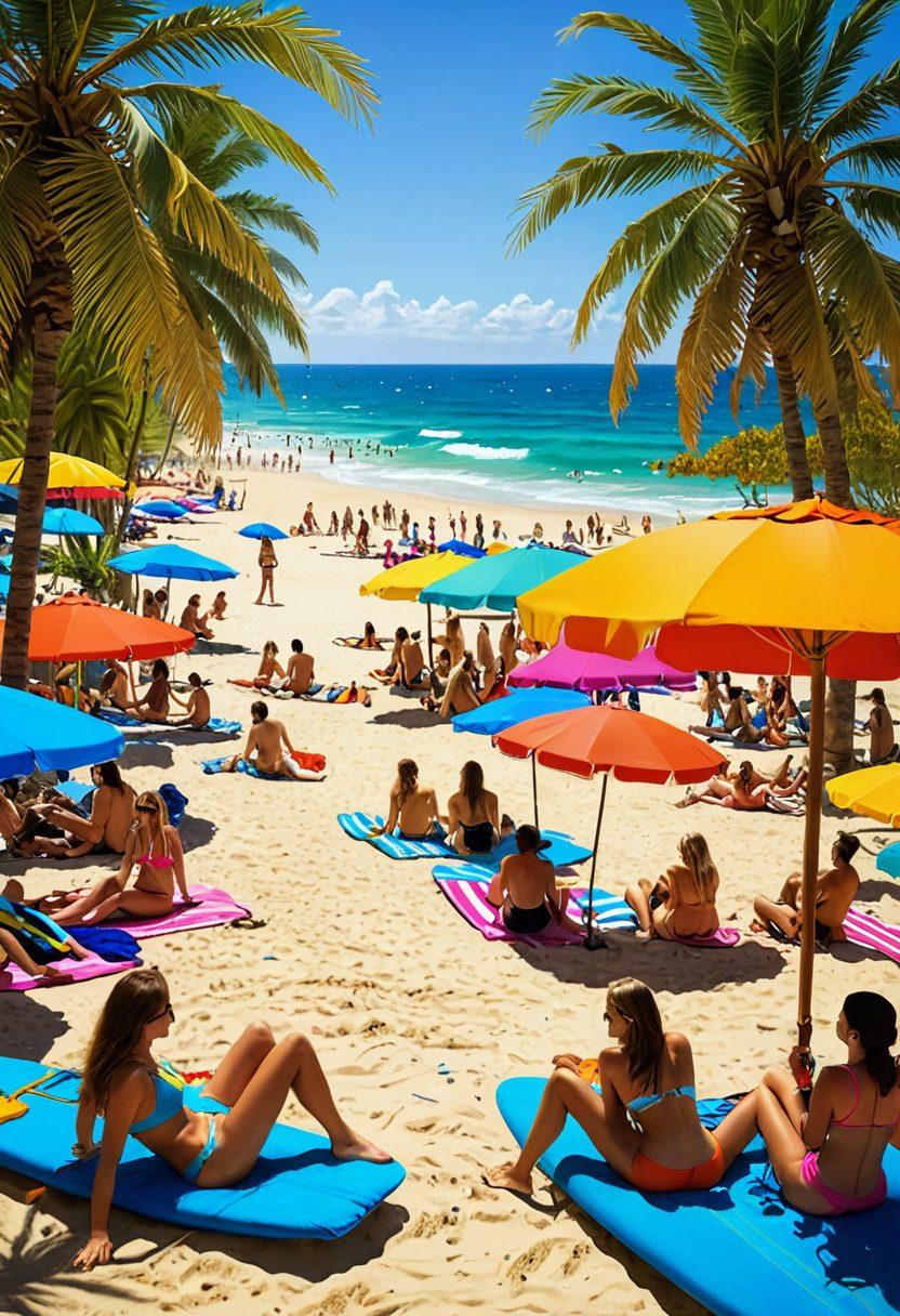 A lively beach scene filled with joyful people in colorful bikinis and thongs, laughing together under a bright sun. Include humorous elements like cartoonish jokes on surfboards and beach towels, and a backdrop of vibrant beach umbrellas and palm trees. Capture the essence of summer fun and laughter in a vivid, cheerful color palette. super-realistic. vibrant colors. 3D.